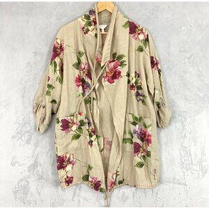Coral Bay Floral Oversized Linen Open‎ Front Jacket PM Petite Medium Beach Beige